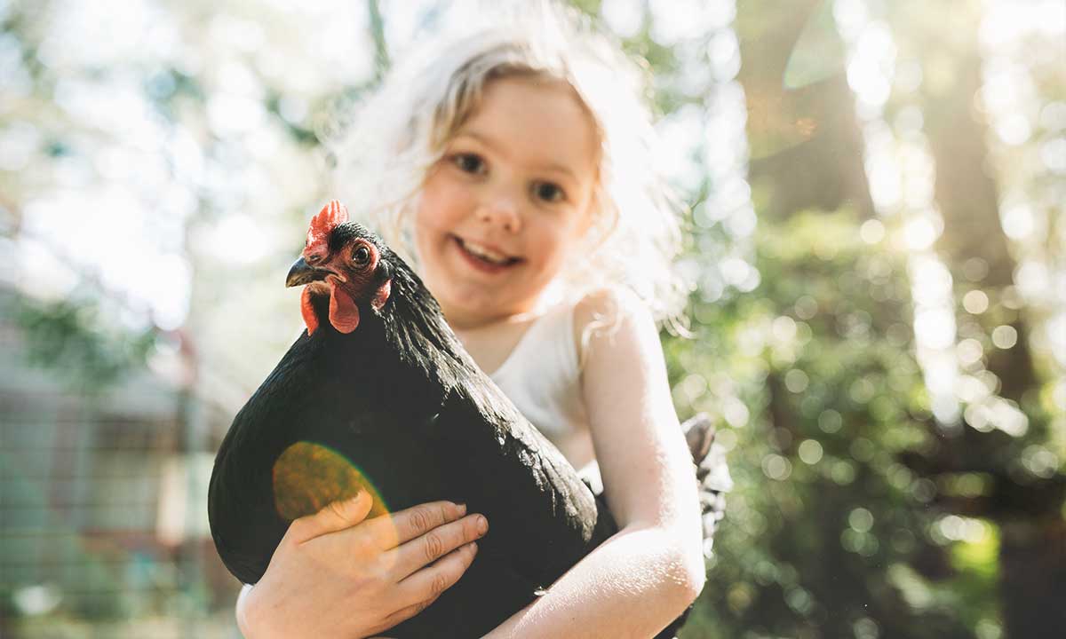 Kind hält Huhn in den Armen