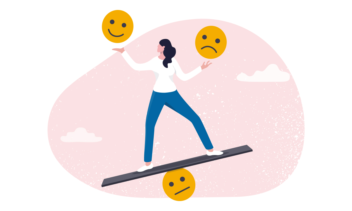 Illustration zeigt Frau mit glücklichen und traurigen Smileys auf Balancierbrett jonglieren