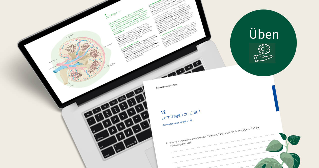 Lerninhaltanzeige auf Laptop und Lernfrage auf Papier