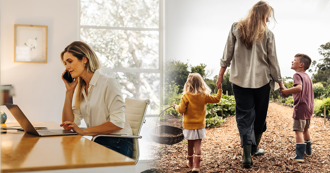 Arbeitende Frau und spazierende Frau mit Kindern