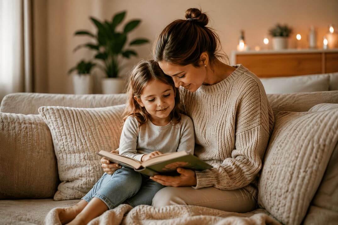 Mutter und Kind auf Sofa lesen Buch