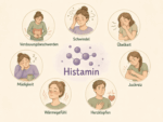 Darstellung möglicher Beschwerden bei Histaminbelastung wie Müdigkeit, Übelkeit und Juckreiz.