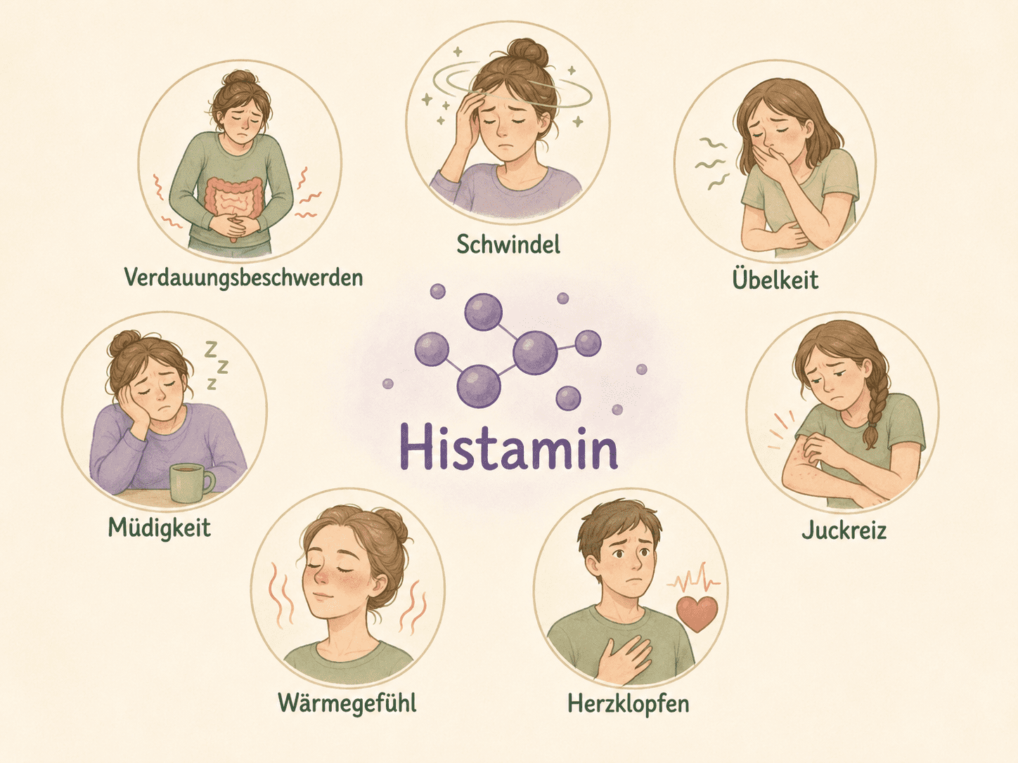 Darstellung möglicher Beschwerden bei Histaminbelastung wie Müdigkeit, Übelkeit und Juckreiz.