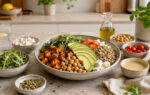 Ausgewogene Bowl mit Süßkartoffeln, Kichererbsen, Avocado und Quinoa bei Unverträglichkeiten.